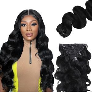 HUMAN HAIR 110g 7pcs 14 Inch Body Wave Clip in Hair Extensions, Natural Black